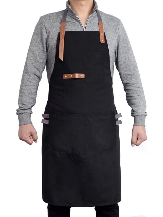 Other - Black Canvas Chef's Apron Unisex with Brown Leather Straps 3 Pockets One Size